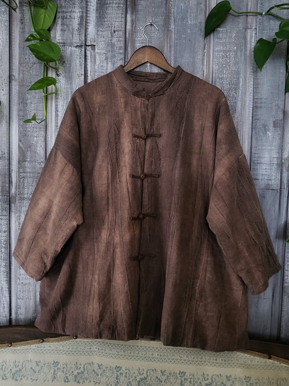 Raw Cotton Linen Crinkled Frog Button Jacket Rustic Brown OS